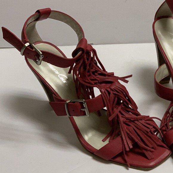 Kenneth Cole Pink Fuchsia Leather Fringe Wood Heels Sandals Sz 8M Ankle Straps - Picture 6 of 9